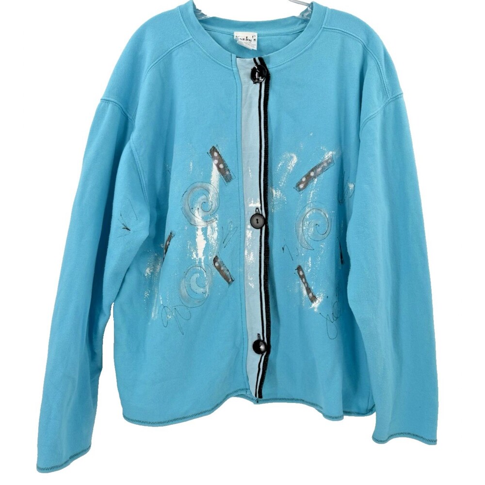 Kunkys Sweatshirt  Button Up Jacket Blue Hand Painted Wearable Art LARGE  EUC